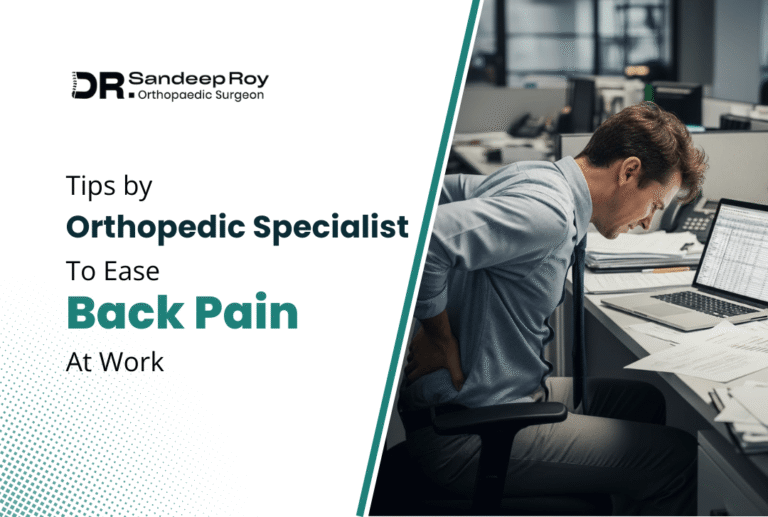 blog banner for the post tips by orthopedic specialist to reduce backpain at work